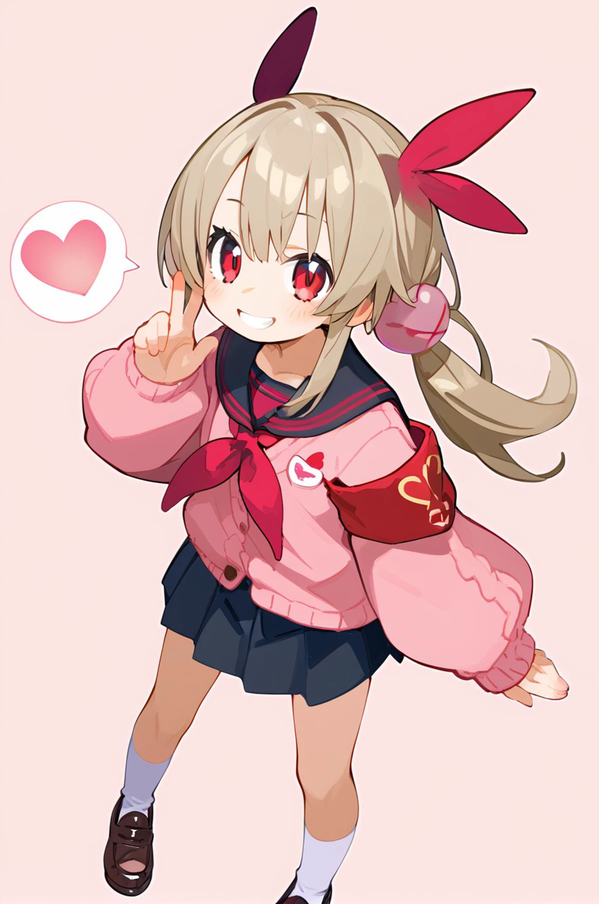 (score_9,score_8_up,score_7_up,score_6_up,score_5_up,score_4_up), source_anime, (rating_safe:0.0), (rating_questionable:0.0),(rating_explicit:1.0), best quality, masterpiece, uncensored, BEARK,
<lora:sanaNatoriXL_LoRA-C3Lier_AdamW_Dim16_Alpha16_UN-3e-4_TE-1.5e-4_10batch_ponyDiffusionV6XL_v6StartWithThisOne:1> natori sana, 1girl, virtual youtuber, red eyes, light brown hair, long hair,twintails, low twintails, hair ornament, pink cardigan, black sailor collar, red neckerchief, pleated skirt, black skirt, armband, long sleeves, white socks, loafers, grin, heart bubble, standing, simple background, pink background
<lora:DisgaeaXL:0.8>