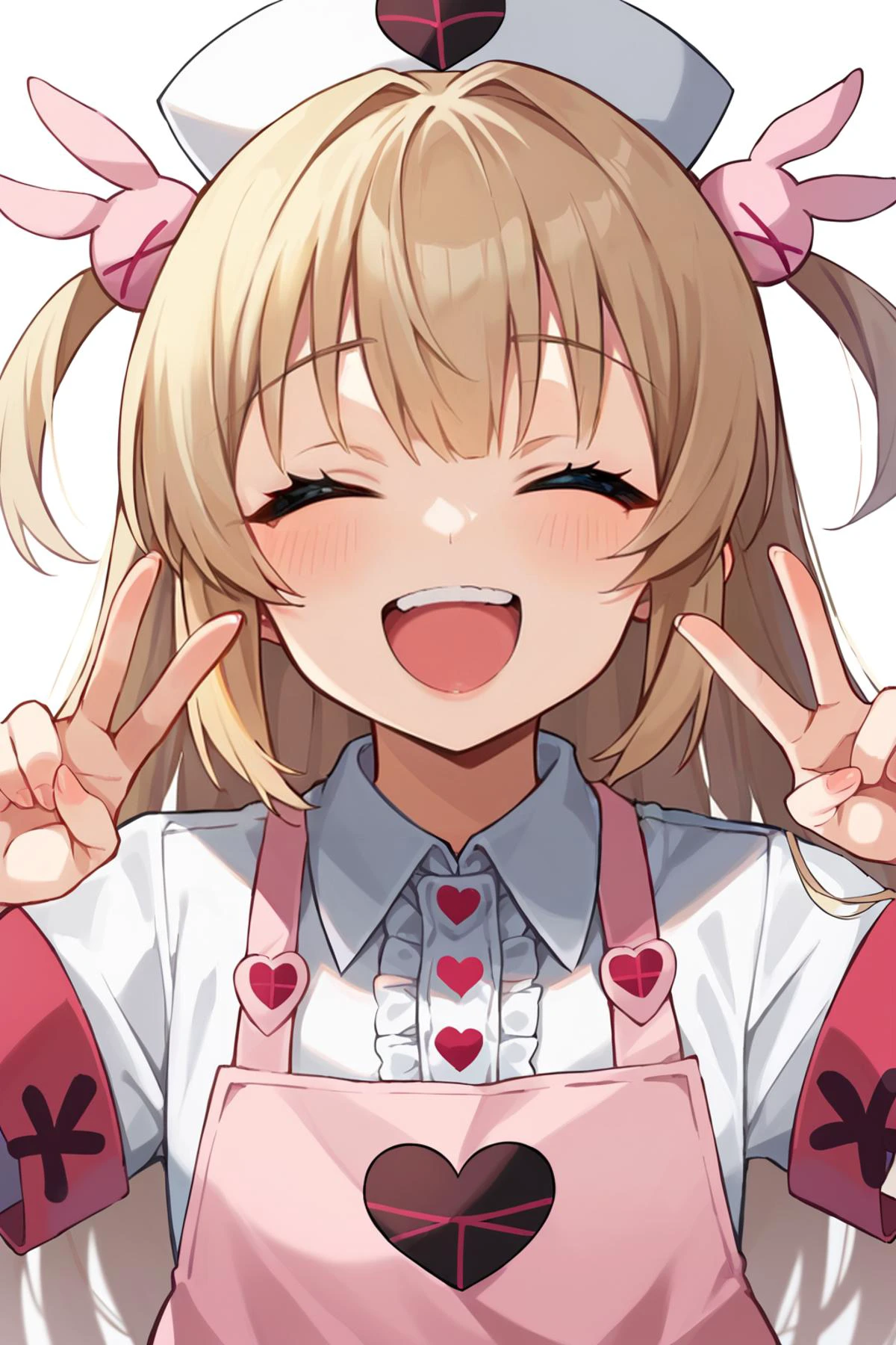 sscore_9, score_8_up,score_7_up,BREAK,source_anime <lora:sanaNatoriXL_LoRA-C3Lier_AdamW_Dim16_Alpha16_UN-3e-4_TE-1.5e-4_10batch_ponyDiffusionV6XL_v6StartWithThisOne:1>natori sana, 1girl, virtual youtuber, light brown hair, long hair,upper body,teeth smile,closed eyes,double v-sign,blush,bright background,best quality,solo,two side up, nurse cap, hair ornament, pink apron, heart, center frills, collared shirt, white shirt, puffy short sleeves, armband, pleated skirt, white skirt, white thighhighs, pink footwear