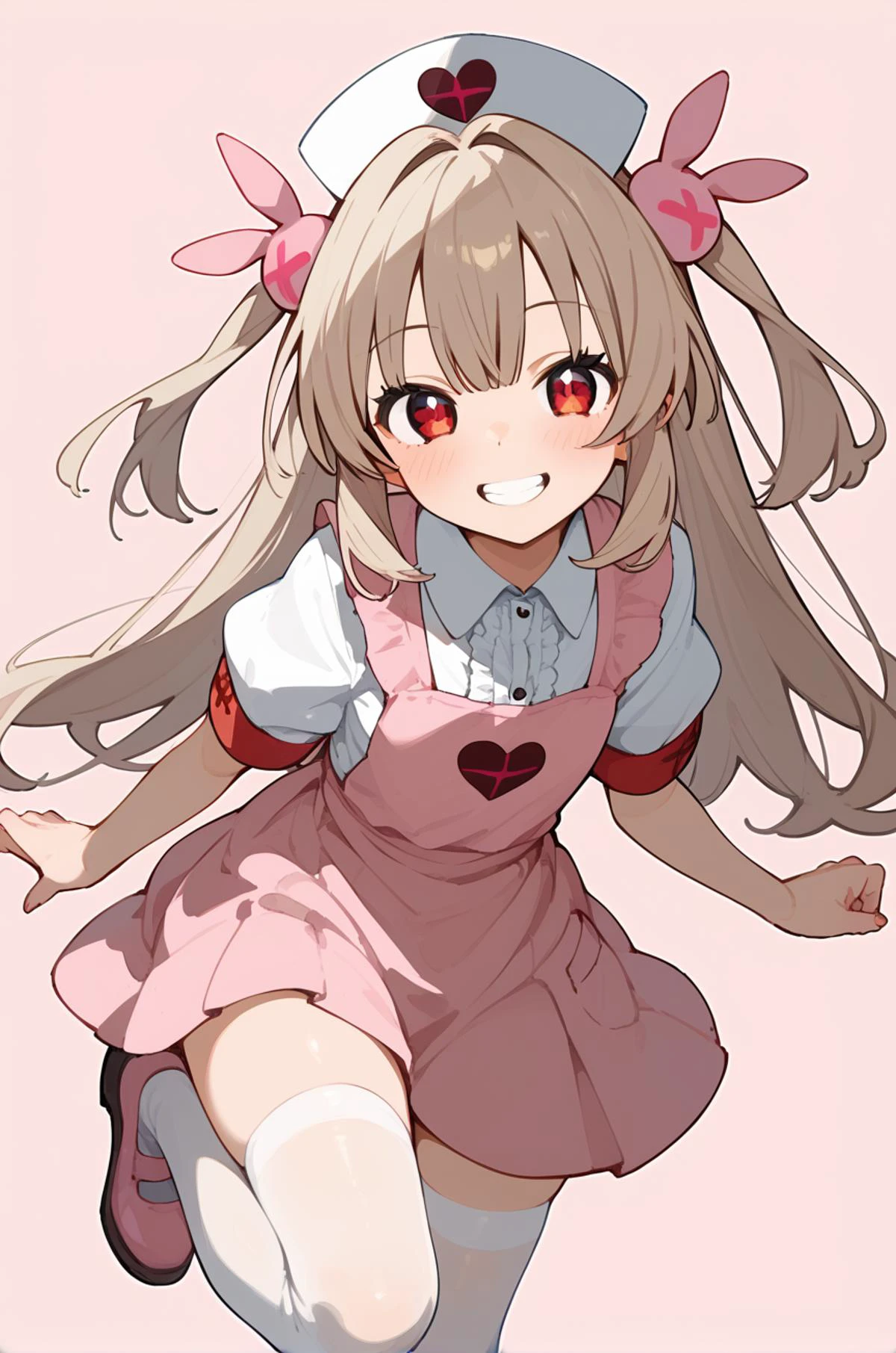 (score_9,score_8_up,score_7_up,score_6_up,score_5_up,score_4_up), source_anime, (rating_safe:0.0), (rating_questionable:0.0),(rating_explicit:1.0), best quality, masterpiece, uncensored, BEARK,
<lora:sanaNatoriXL_LoRA-C3Lier_AdamW_Dim16_Alpha16_UN-3e-4_TE-1.5e-4_10batch_ponyDiffusionV6XL_v6StartWithThisOne:1> natori sana, 1girl, virtual youtuber, red eyes, light brown hair, long hair,two side up, nurse cap, hair ornament, pink apron, heart, center frills, collared shirt, white shirt, puffy short sleeves, armband, pleated skirt, white skirt, white thighhighs, pink footwear,
grin, simple background, pink background
