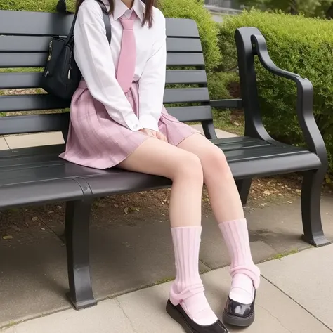 a beautiful photo of a woman sitting on a park bench <lora:leg-warmers-v1:1>, pink knee socks, school uniform, (highest quality:1.1)