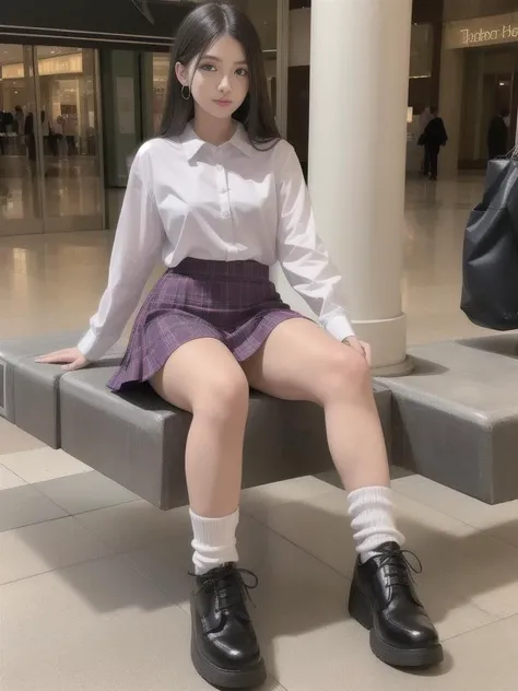a beautiful photo of a woman sitting at the mall <lora:leg-warmers-v1:1>, knee socks, plaid skirt, (highest quality:1.1)