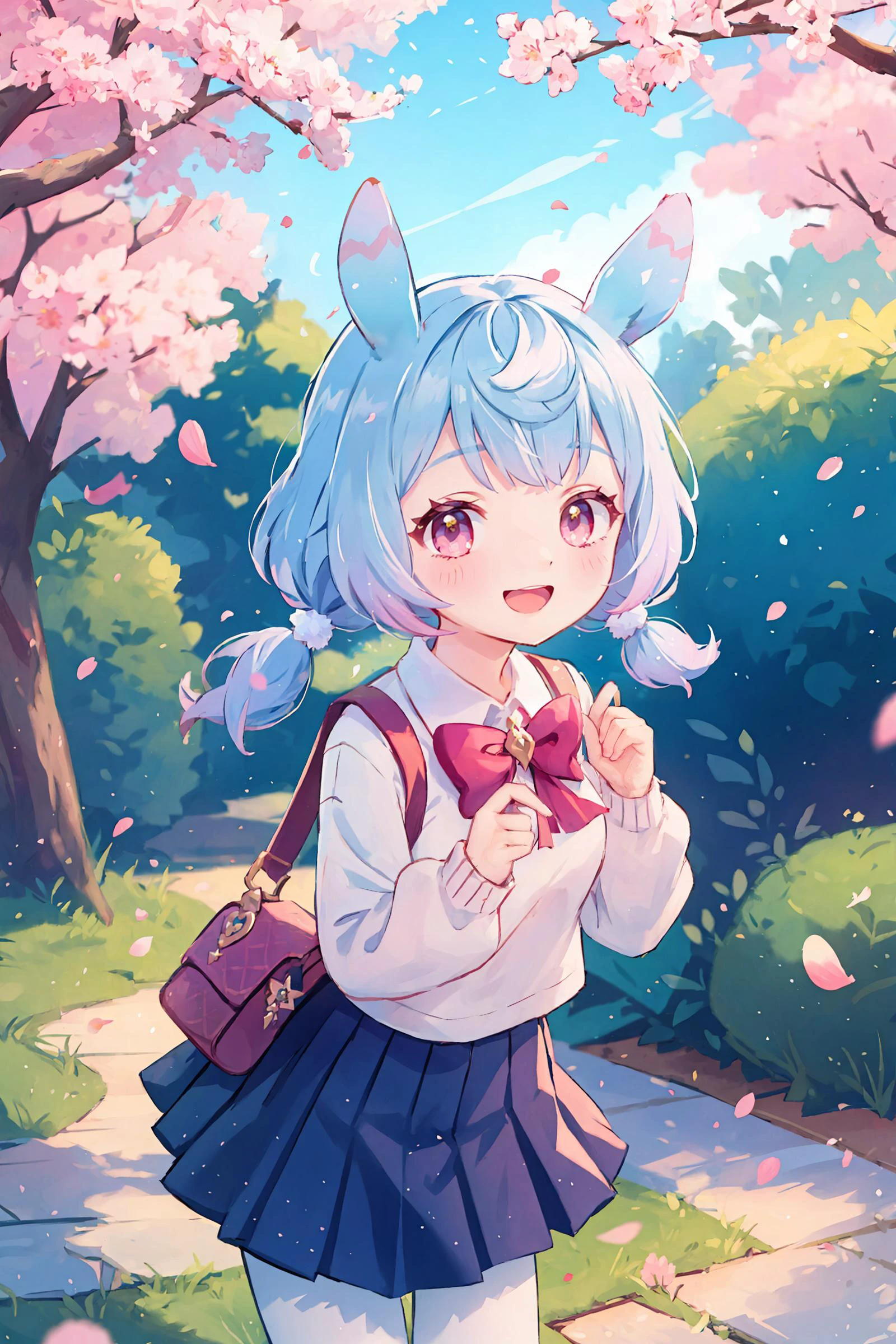 1girl, sigewinne \(genshin impact\), solo, low twintails, animal ears, school uniform, white shirt, sweater, pleated skirt, pantyhose, smile, open mouth, double v, looking at viewer, smile, open mouth, outdoors, street, cherry blossoms, petals, depth of field