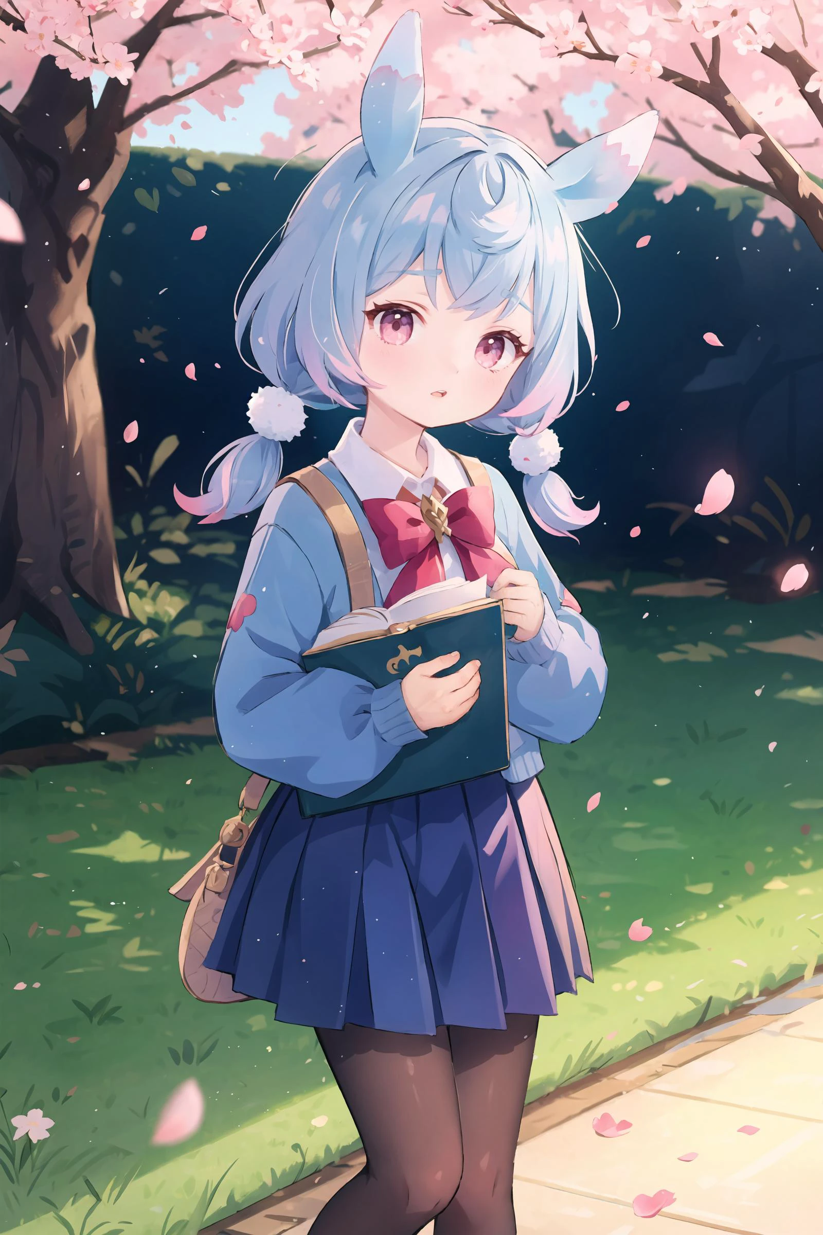 1girl, sigewinne \(genshin impact\), solo, low twintails, animal ears, school uniform, white shirt, sweater, pleated skirt, pantyhose, outdoors, street, cherry blossoms, petals, depth of field, parted lips, looking at viewer