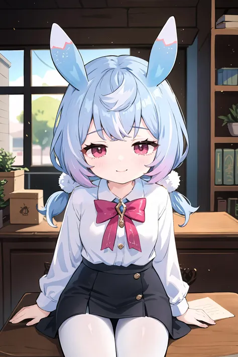 1girl, sigewinne \(genshin impact\), solo,  low twintails, animal ears, office lady, collared shirt, white shirt, pencil skirt, black thighhighs, cowboy shot, looking at viewer, office, sitting on desk, indoors, depth of field, seductive smile, looking at viewer, spread legs, pantyhose, <lora:face-sensualface_type2:0.8>