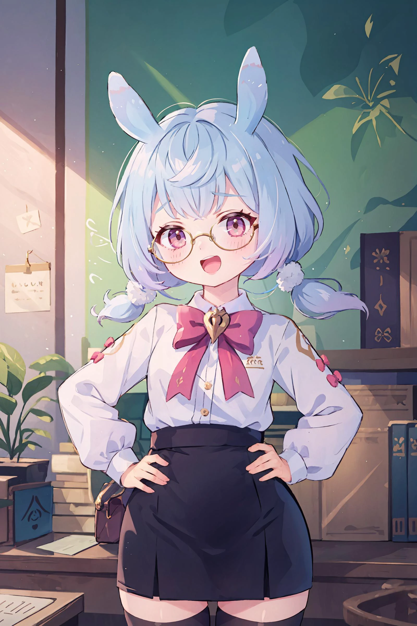 1girl, sigewinne \(genshin impact\), solo, low twintails, animal ears, office lady, collared shirt, white shirt, pencil skirt, black thighhighs, glasses, looking at viewer, cowboy shot, office, indoors, depth of field, <lora:Smug:0.8> smug, open mouth, hands on hips