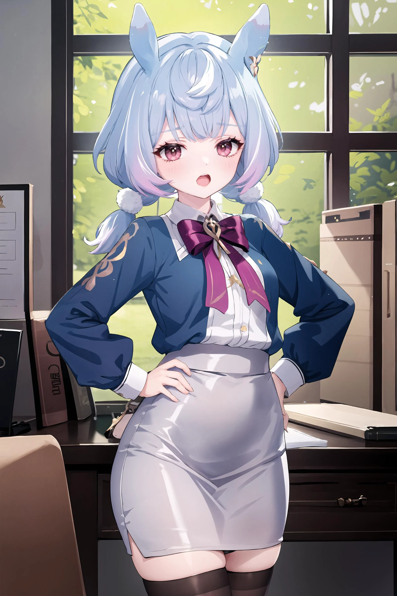 1girl, sigewinne \(genshin impact\), solo, low twintails, animal ears, office lady, collared shirt, white shirt, pencil skirt, black thighhighs, glasses, looking at viewer, cowboy shot, office, indoors, depth of field, <lora:Smug:0.8> smug, open mouth, hands on hips