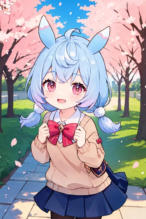 1girl, sigewinne \(genshin impact\), solo, low twintails, animal ears, school uniform, white shirt, sweater, pleated skirt, pantyhose, smile, open mouth, double v, looking at viewer, smile, open mouth, outdoors, street, cherry blossoms, petals, depth of field
