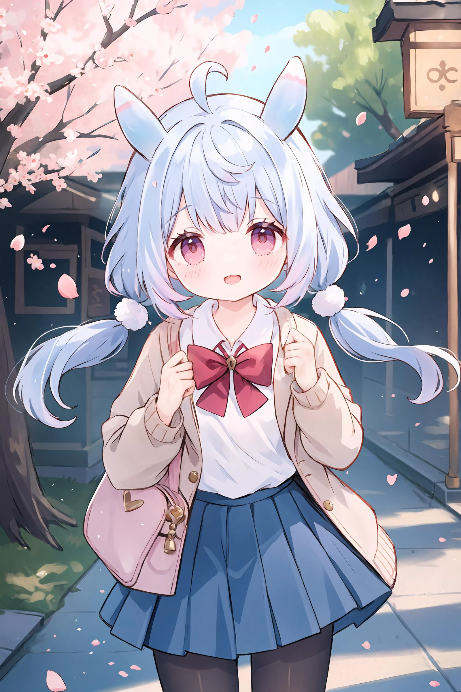 1girl, sigewinne \(genshin impact\), solo, low twintails, animal ears, school uniform, white shirt, sweater, pleated skirt, pantyhose, smile, open mouth, looking at viewer, outdoors, street, cherry blossoms, petals, depth of field