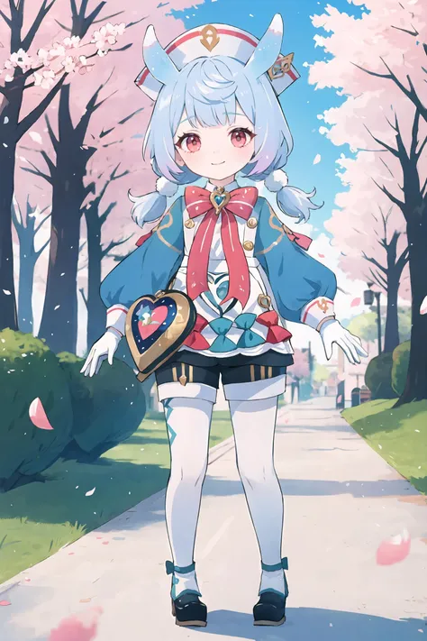 1girl, sigewinne \(genshin impact\), solo,  low twintails, animal ears, white gloves, red bowtie, nurse cap, aqua dress, white apron, heart-shaped bag, black shorts, white pantyhose, fold-over boots, standing, full body, light smile, looking at viewer, outdoors, street, cherry blossoms, petals, depth of field