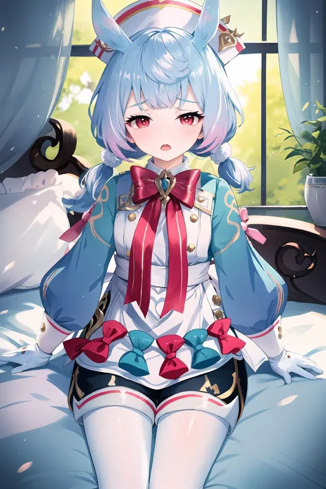 1girl, sigewinne \(genshin impact\), solo,  low twintails, animal ears, white gloves, red bowtie, nurse cap, aqua dress, white apron, black shorts, white pantyhose, bedroom, <lora:face-sensualface_type4:0.8>, ecstasy, open mouth, blush, looking at viewer, gasping, reclining, sitting, arm support