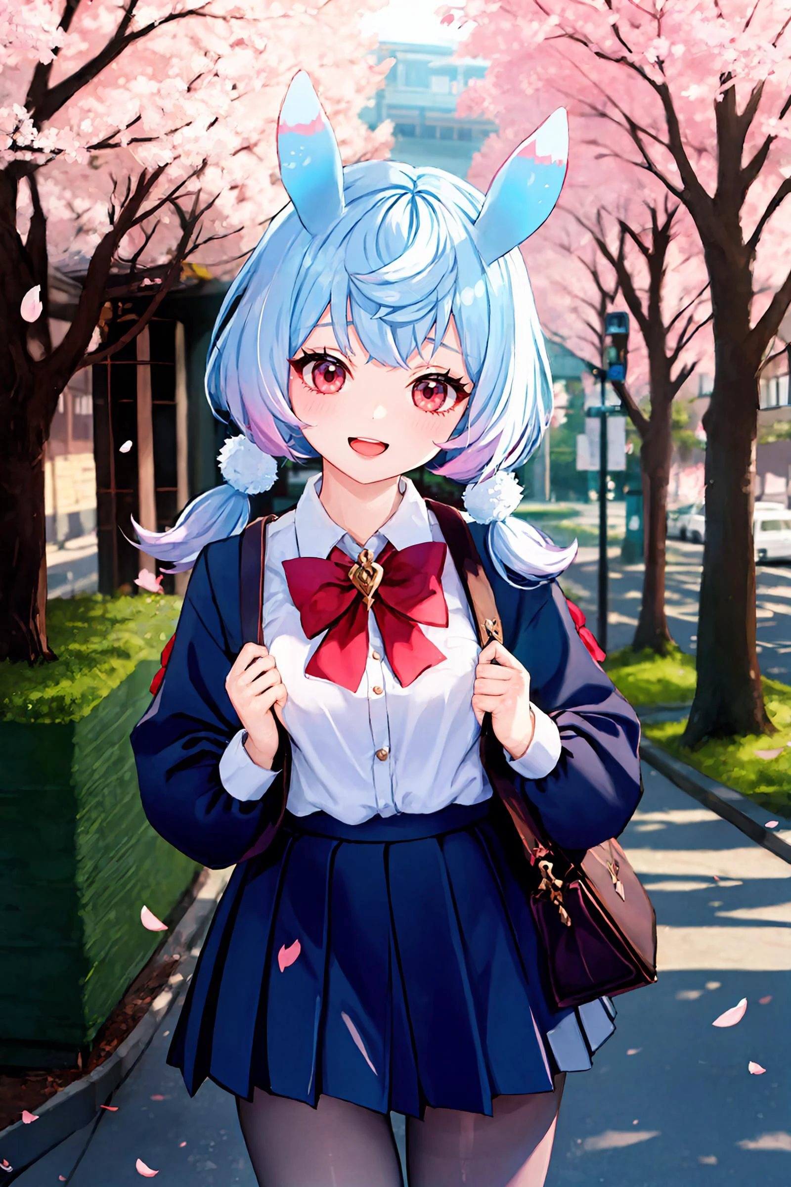 1girl, sigewinne \(genshin impact\), solo, low twintails, animal ears, school uniform, white shirt, sweater, pleated skirt, pantyhose, smile, open mouth, looking at viewer, outdoors, street, cherry blossoms, petals, depth of field