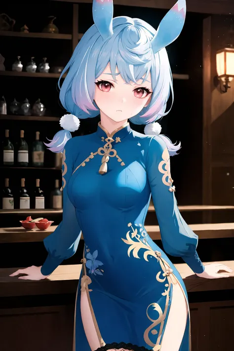 1girl, sigewinne \(genshin impact\), solo, low twintails, animal ears, china dress, highleg, lace-trimmed legwear, cowboy shot, bar \(place\), indoors, depth of field, pout, taut dress, v arms, looking at viewer, embarrassed, blush, flying sweatdrops