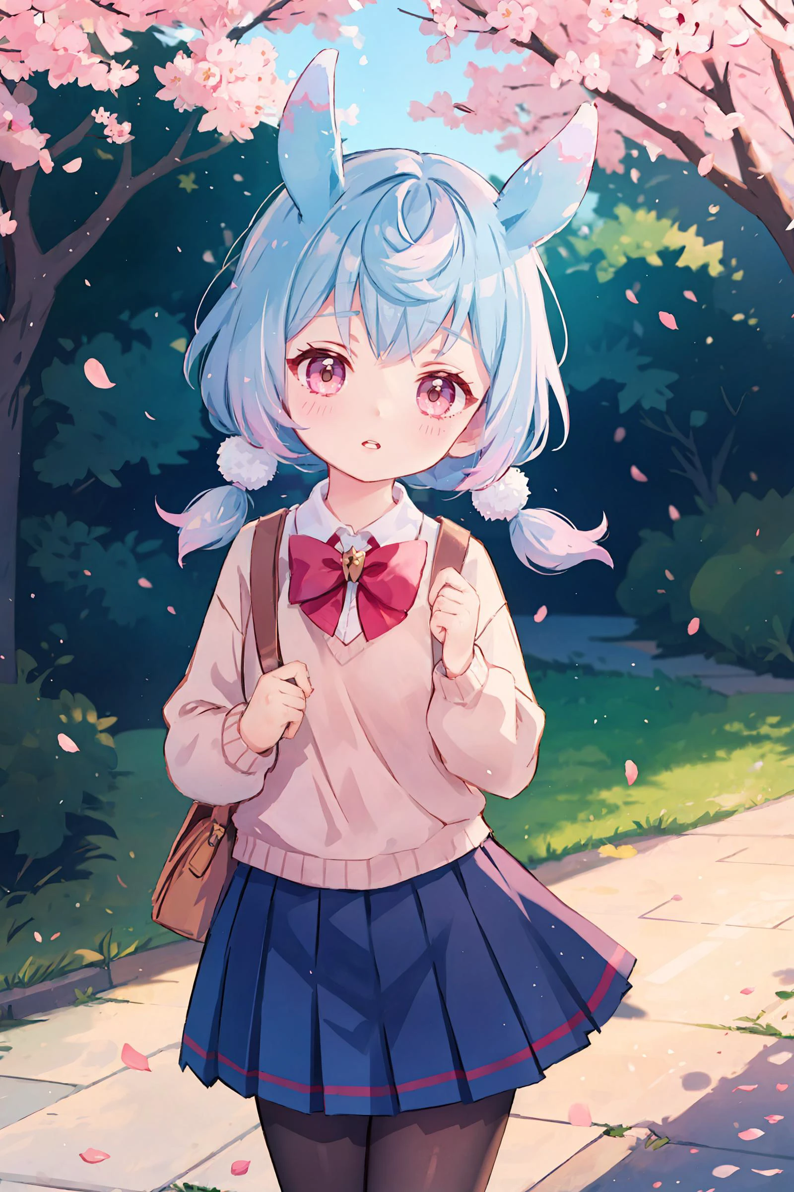 1girl, sigewinne \(genshin impact\), solo, low twintails, animal ears, school uniform, white shirt, sweater, pleated skirt, pantyhose, outdoors, street, cherry blossoms, petals, depth of field, parted lips, looking at viewer