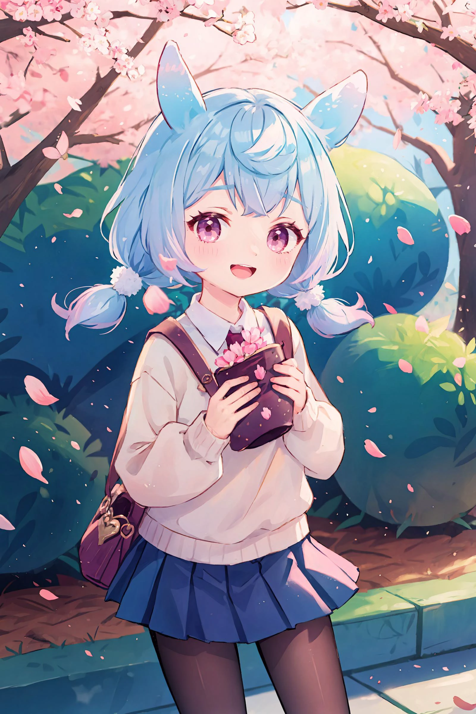 1girl, sigewinne \(genshin impact\), solo, low twintails, animal ears, school uniform, white shirt, sweater, pleated skirt, pantyhose, smile, open mouth, looking at viewer, outdoors, street, cherry blossoms, petals, depth of field