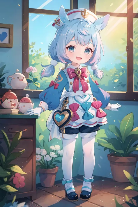 1girl, sigewinne \(genshin impact\), solo,  low twintails, animal ears, white gloves, red bowtie, nurse cap, aqua dress, white apron, heart-shaped bag, black shorts, white pantyhose, fold-over boots, standing, full body, looking at viewer, smile, open mouth, sunset, infirmary, window, backlighting, depth of field