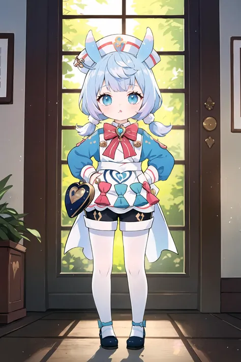 1girl, sigewinne \(genshin impact\), solo,  low twintails, animal ears, white gloves, red bowtie, nurse cap, aqua dress, white apron, heart-shaped bag, black shorts, white pantyhose, fold-over boots, standing, full body, looking at viewer, pout, blush, hands on hips, sunset, infirmary, window, backlighting, depth of field