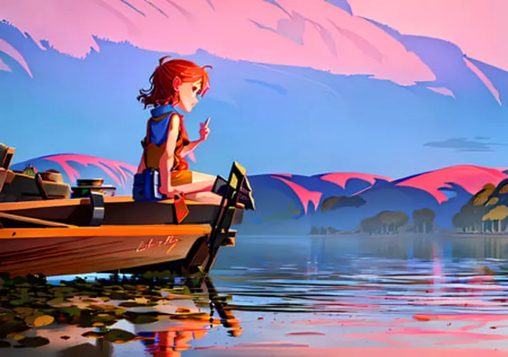 1girl, fishing, lake, (big fish:1.2), reflection, boat,
,(detailed landscape:1.2)(detailed background, big mountains, sunset:1.4),(dynamic_angle:1.2), (dynamic_pose:1.2), amazing sky,
(masterpiece:1.2), (best quality, highest quality), (ultra detailed), (8k, 4k, intricate),(highly detailed:1.2),(detailed face:1.2),(gradients),(ambient light:1.3),(cinematic composition:1.3), 8k wallpaper,original, highres, illustration,
<lora:gabrielgomez_style-000012:1>