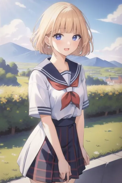 (highest quality, 4k, 8k, High resolution, masterpiece:1.2), Super detailed, (anime, animeスタイル:1.37), Beautiful woman, 1 girl, evening, A woman standing by the pond, JK, sailor suit,