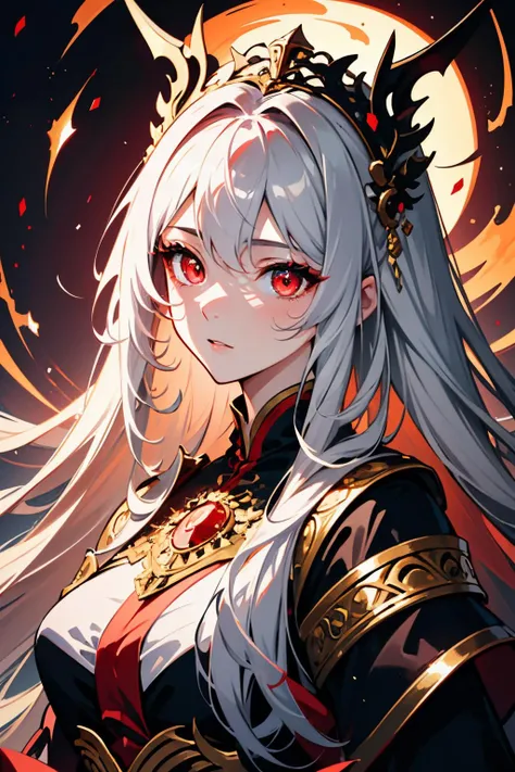 a portrait of vampire with a bloody tear coming down from he eye, an exotic beautiful female vampire, dynamic long hair color, dynamic white hair style, ultra detailed face, best detailed face, dynamic red eye color, ((1single red teardrop, teardrop made of blood coming down from the eye: 1.3)),  Ultra-high resolution, High Contrast, (masterpiece:1.5), highest quality, Best aesthetics), 16K fantasy art, best details, best quality, highres, (ultra wide angle: 1.2), 16k, [ultra detailed], masterpiece, best quality, (extremely detailed), ladyshadow, magical sky,