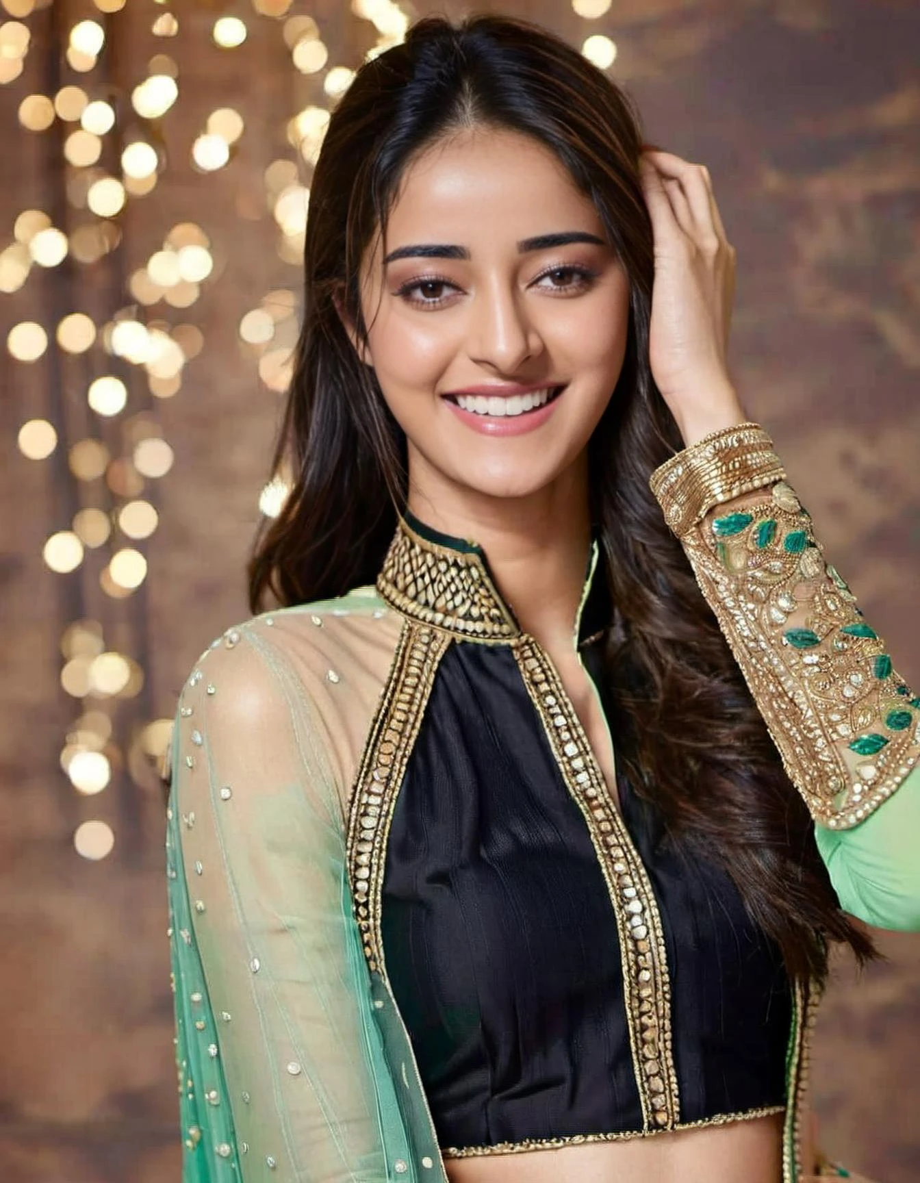 hires headshot photo of ananya pandey woman, studio quality, looking straight at viewer, detailed ethnic dress with high collar, laughing, background bokeh <lora:Ananya_Pandey_SDXL_LoRA:1>