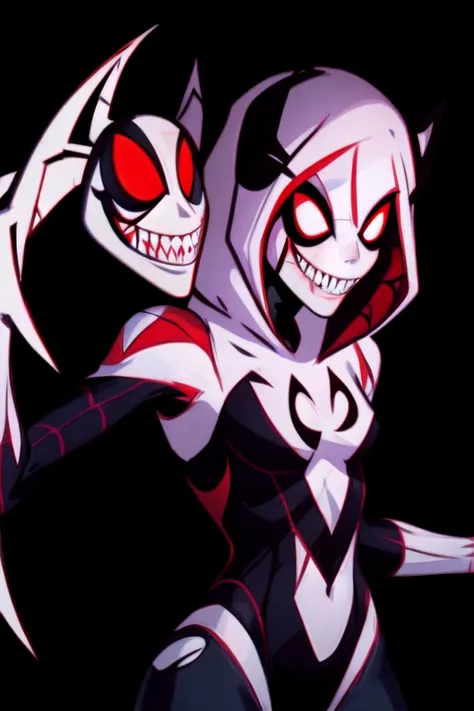 best quality, 1girl, hood, mask, spider-gwen, (broken costume, torn bodysuit 1,4) mask, <lyco:spider_gwen:0.4> horror (theme), red eyes, fangs, glowing, dark, blood, grin, glowing eyes, <lora:ExeHardcore:0.8> exe,