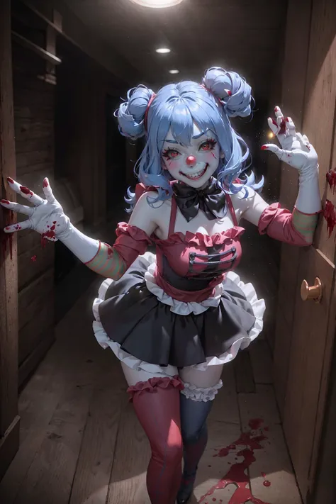 (,best quality, high resolution:1.3), dark dynamic lighting, dark lighting, flickering lights, <lora:edgClussy_retrained:1> ,edgClussy exe creeping down the hallway, <lora:Exe:0.35> ,Exe, teeth, horror (theme), red eyes, smile, sharp teeth, glowing, dark, blood, tongue, grin, glowing eyes, evil smile, red clown nose,
