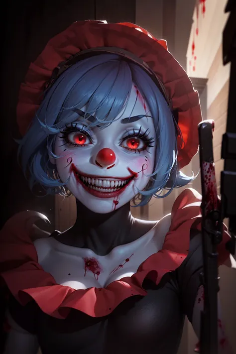 (,best quality, high resolution:1.3), dark dynamic lighting, dark lighting, <lora:edgClussy_retrained:0.9> ,(edgClussy:1.1) exe walking towards in narrow hallway, holding weapon <lora:Exe:0.8> ,Exe, teeth, horror (theme), red eyes, smile, sharp teeth, glowing, dark, blood, tongue, grin, glowing eyes, evil smile, red clown nose,