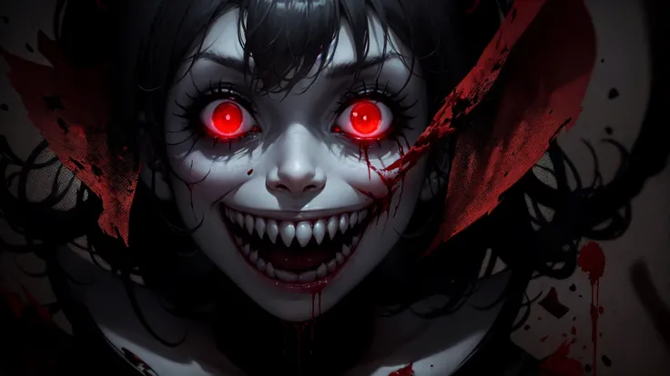 (,best quality, high resolution:1.3), dynamic lighting, <lora:edgClussy:1> ,edgClussy_woman exe, <lora:Exe:0.4> ,Exe, teeth, horror (theme), red eyes, smile, sharp teeth, glowing, dark, blood, tongue, grin, glowing eyes, evil smile,