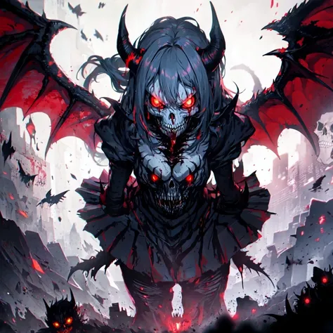 (high quality, masterpiece, best quality:1.2), grainy, dusk, dynamic lighting, demon girl, big dark tattered dragon wings, horns, glowing eyes, looking down, menacing aura, menacing, focused eyes, angry, on top of hill of death, skulls, bones, <lora:Exe:1.2>, (EXE:1.2), teeth, horror (theme), red eyes, smile, sharp teeth, glowing, dark, blood, tongue, grin, glowing eyes, evil smile