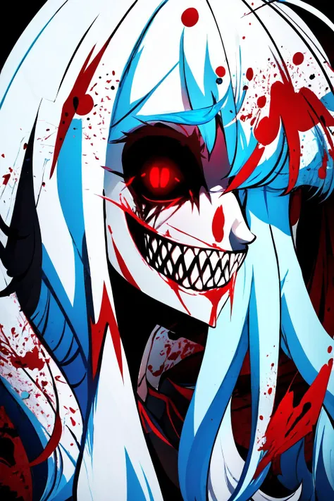 Highly detailed, High Quality, Masterpiece, beautiful, solo, 1girl, Exe, <lora:ExeHardcore:1>, teeth, horror (theme), red eyes, smile, sharp teeth, glowing, dark, blood, tongue, grin, glowing eyes, evil smile, Twitter-chan, hair ornament, <lora:Char_Meme_Twitterchan:0.8>