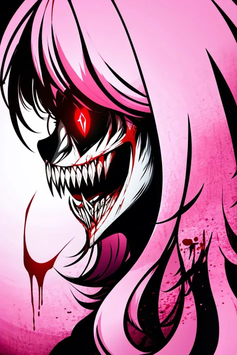 Highly detailed, High Quality, Masterpiece, beautiful, solo, Exe, <lora:ExeHardcore:1>, teeth, horror (theme), red eyes, smile, sharp teeth, glowing, dark, blood, tongue, grin, glowing eyes, evil smile, 1girl, pink hair, from side,