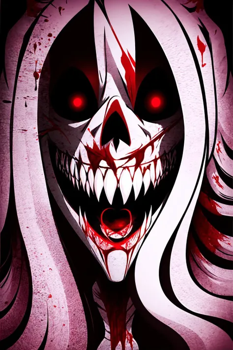 Highly detailed, High Quality, Masterpiece, beautiful, solo, 1girl, Exe, <lora:ExeHardcore:1>, teeth, horror (theme), red eyes, smile, sharp teeth, glowing, dark, blood, tongue, grin, glowing eyes, evil smile