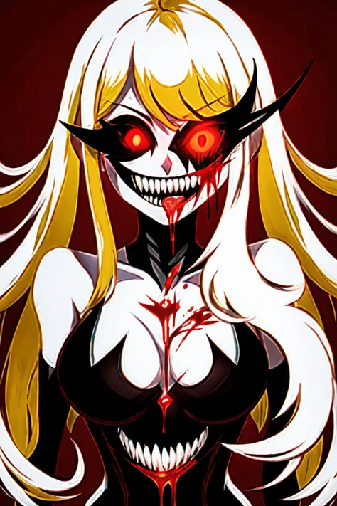 Highly detailed, High Quality, Masterpiece, beautiful, solo, 1girl, Exe, <lora:ExeHardcore:1>, teeth, horror (theme), red eyes, smile, sharp teeth, glowing, dark, blood, tongue, grin, glowing eyes, evil smile, Mythra \(xenoblade\), Mythra:1.2, blonde hair, long hair, <lora:Char_Xenoblade_PyraMythraPneuma:0.5>