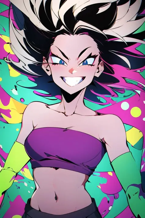 ((masterpiece,best quality)), absurdres, <lora:Caulifla_DB:0.7>, Caulifla_DB, bare shoulders, midriff,, glowing, neon, solo, smiling, looking at viewer, cowboy shot, cinematic composition, dynamic pose