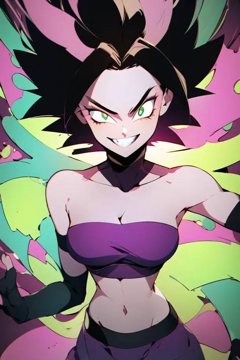 ((masterpiece,best quality)), absurdres, <lora:Caulifla_DB:0.7>, Caulifla_DB, bare shoulders, midriff,, glowing, neon, solo, smiling, looking at viewer, cowboy shot, cinematic composition, dynamic pose