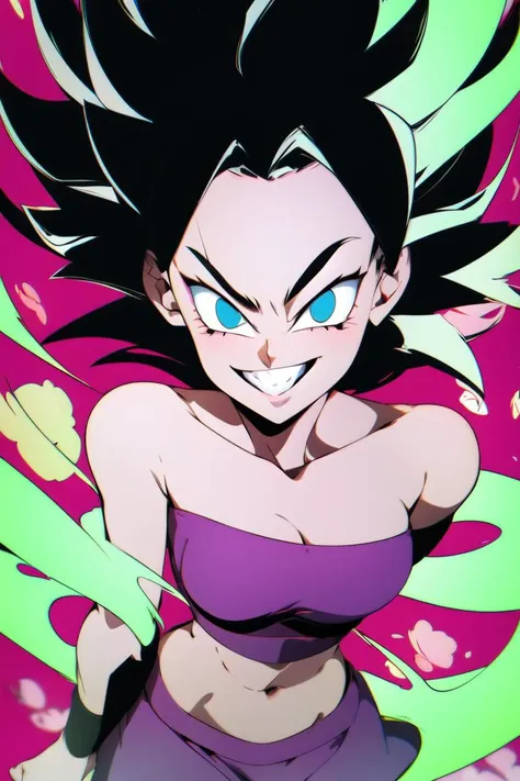 ((masterpiece,best quality)), absurdres, <lora:Caulifla_DB:0.8>, Caulifla_DB, bare shoulders, midriff,, glowing, neon, solo, smiling, looking at viewer, cowboy shot, cinematic composition, dynamic pose