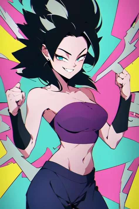 ((masterpiece,best quality)), absurdres, <lora:Caulifla_DB:0.7>, Caulifla_DB, bare shoulders, midriff,, glowing, neon, solo, smiling, looking at viewer, cowboy shot, cinematic composition, dynamic pose