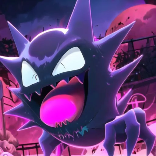 ((masterpiece,best quality)),
<lora:Haunter_Pokemon_Anime:0.9>, Haunter_Pokemon, floating, no humans, pokemon \(creature\),
solo, smiling, looking at viewer, dark purple, red glowing eyes,
graveyard, glowing moon, tongue, tongue out,
cinematic composition,