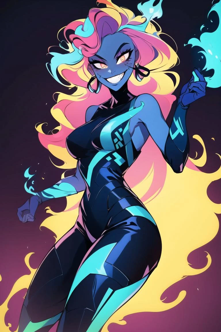 ((masterpiece,best quality)), absurdres, <lora:Rule63_Hades_Disney:0.6>, Rule63_Hades_Disney, smug, fiery hair, blue fire, glowing, neon, solo, smiling, looking at viewer, cowboy shot, cinematic composition, dynamic pose