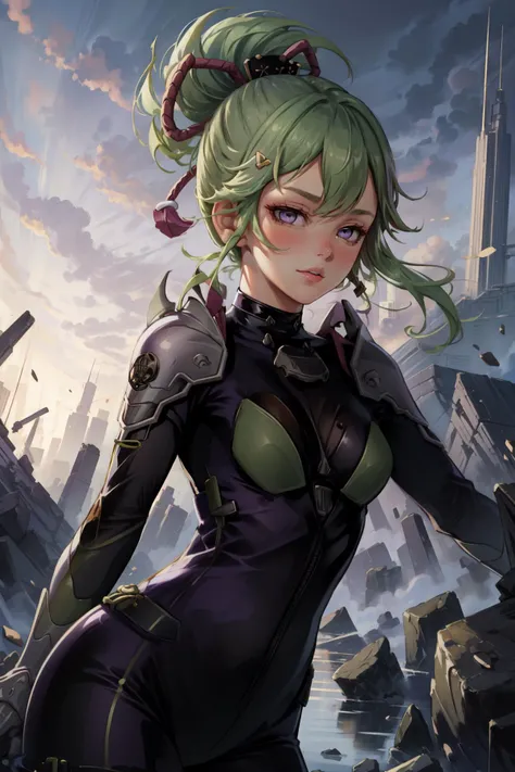 (masterpiece, best quality), intricate details,
1girl, <lora:KukiShinobu:0.8> kuki shinobu, 1girl,solo,green hair,ponytail,hair ornament, purple eyes,
<lora:kaiju8:0.8> bodysuit, armor, kaiju8,