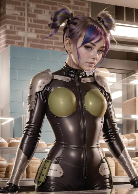 (1girl,rainbow hair medium hair uneven twintails, brown eyes, , parted lips) (digital) (in detailed bakery, (bodysuit, armor)) , best quality, <lora:boldline:0.2> <lora:hairdetailer:0.2> kaiju8, <lora:kaiju8:1>