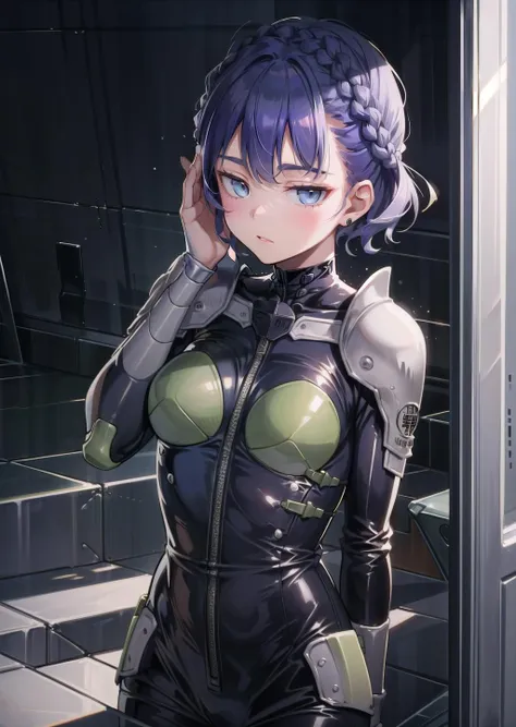 (1girl,dark blue hair short hair crown braid, spiral eyes, <lora:hanme:0.6>, facepalm) (digital) (in detailed bunker, (bodysuit, armor)) , best quality, <lora:boldline:0.2> <lora:hairdetailer:0.2> kaiju8, <lora:kaiju8:1>