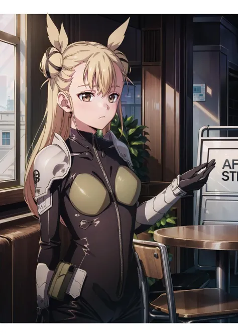 (1girl,two-tone hair absurdly long hair triple bun, brown eyes, , ^^^) (digital) (in detailed cafe, (bodysuit, armor)) , best quality, <lora:boldline:0.2> <lora:hairdetailer:0.2> kaiju8, <lora:kaiju8:1>