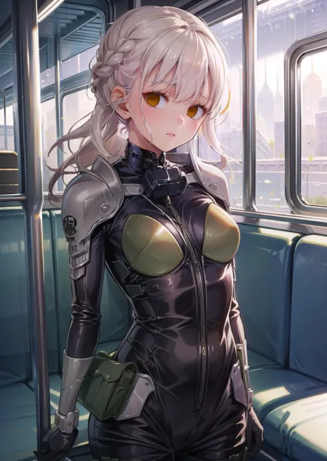 (1girl,colored tips long hair french braid, brown eyes, <lora:eye-nolight_02:1>, kubrick stare) (digital) (in detailed train interior, (bodysuit, armor)) , best quality, <lora:boldline:0.2> <lora:hairdetailer:0.2> kaiju8, <lora:kaiju8:1>