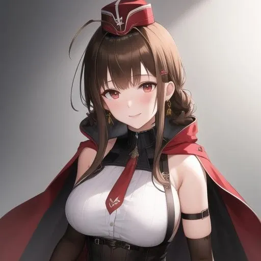 (masterpiece, best quality:1.2),illustration,8k,hd,1girl,solo,cowboy shot,dsr-50 (girls frontline),brown hair,very long hair,large breasts,hat,red eyes,thighhighs,blunt bangs,necktie,grey shirt,miniskirt,grey skirt,ahoge,smile,corset,blush,garrison cap,black gloves,cape,asymmetrical legwear,pleated skirt,sidelocks,belt,braid,cross,elbow gloves,eyebrows visible through hair,hair ornament,hairclip,half gloves,high collar,single elbow glove,skindentation,sleeveless shirt,thigh pouch,thigh strap,<lora:Dsr-50(gf)>,