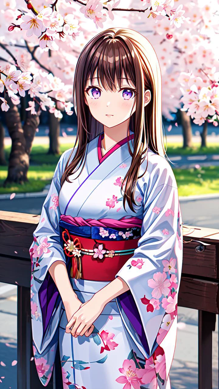 masterpiece,best quality,highres,illustration,hyper detailed,8k cg wallpaper,ray tracing,((brown hair:1.2)),((purple eyes:1.2)),medium breasts,((straight hair:1.2)),((long hair:1.2)),(hiten1:0.8),<lora:add_detail:1>,((cherry blossom:1.1)),((cowboy shot:1.1)),((kimono:1.1)),<lora:cherry blossom:0.6>,((petals:1.1)),((floral print:1.1)),