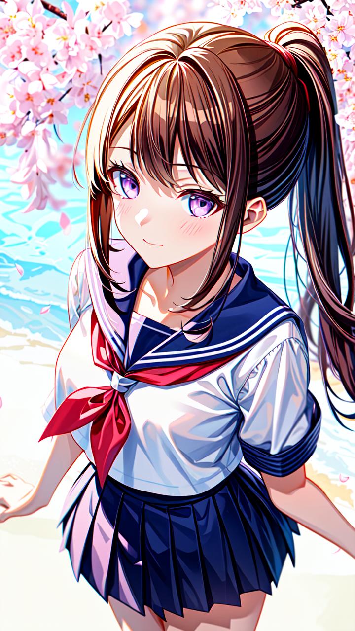 Anime girl with ponytail hair and blue eyes standing in front of a tree ...