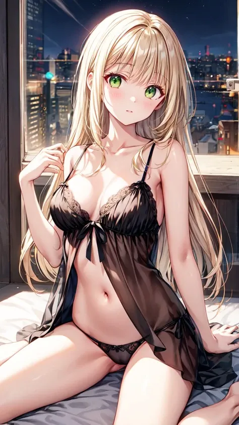 masterpiece,best quality,highres,illustration,hyper detailed,8k cg wallpaper,ray tracing,((blonde hair:1.2)),((long hair:1.2)),((straight hair:1.2)),((green eyes:1.2)),medium breasts,(hiten1:0.8),<lora:add_detail:1>,babydoll,black negligee,black panties,thong,navel,pussy,<lora:æè£ ç¡è£:1>,night,((wariza:1.1)),