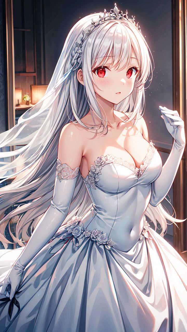 masterpiece,best quality,highres,illustration,hyper detailed,8k cg wallpaper,ray tracing,((white hair:1.2)),((long hair:1.2)),((red eyes:1.2)),((straight hair:1.2)),medium breasts,(hiten1:0.8),<lora:add_detail:1>,wedding dress,cleavage,lace trim,elbow gloves,tiara,white dress,bare shoulders,