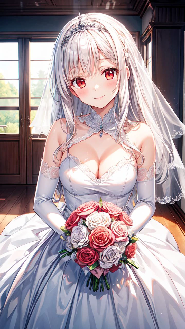 masterpiece,best quality,highres,illustration,hyper detailed,8k cg wallpaper,ray tracing,((white hair:1.2)),((long hair:1.2)),((red eyes:1.2)),((straight hair:1.2)),medium breasts,(hiten1:0.8),<lora:add_detail:1>,wedding dress,cleavage,lace trim,elbow gloves,tiara,white dress,bare shoulders,((pov:1.2)),((holding bouquet:1.2)),((head tilt:1.2)),((smile:1.2)),((cowboy shot:1.2)),((solo:1.1)),((1girl:1.1)),
